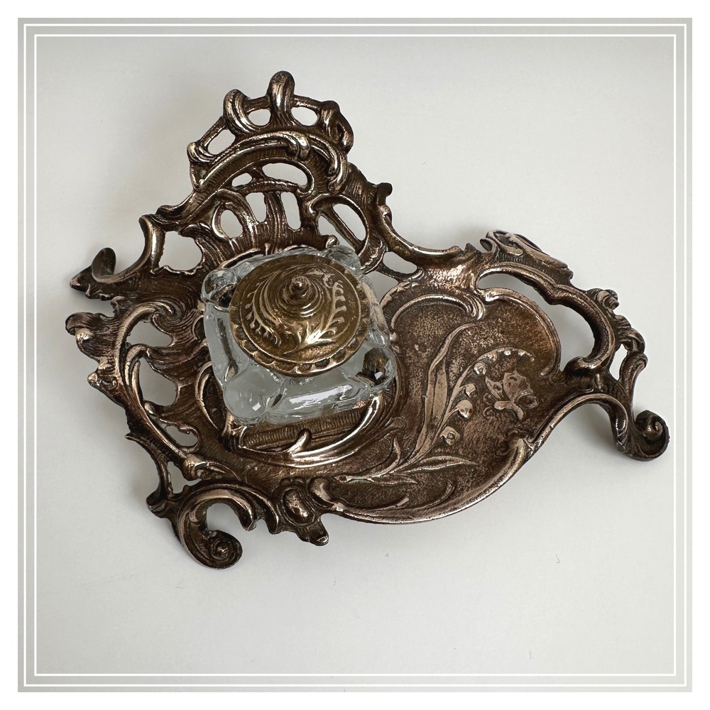 Art Nouveau Brass Desk Inkwell Heavy Cast Metal Victorian Library Dark Academia - Picture 2 of 11